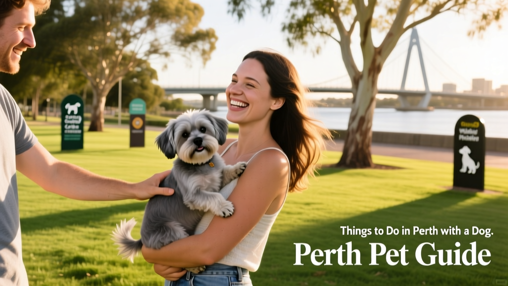 A smiling person holding a small gray dog while another person gently strokes it