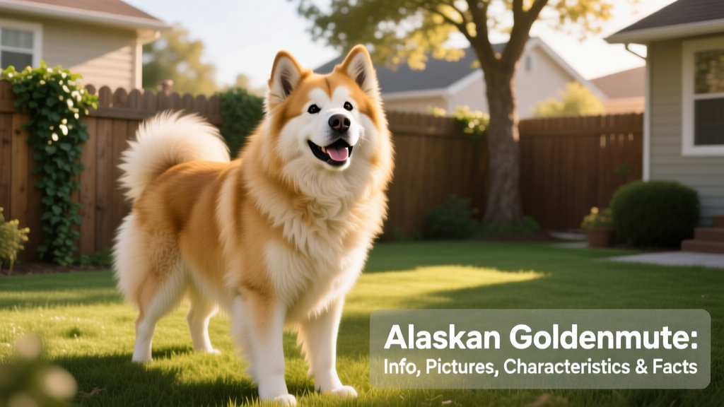 A happy, medium-to-large-sized dog with thick, golden-and-cream fur, expressive eyes, and a friendly expression standing in a sunlit backyard