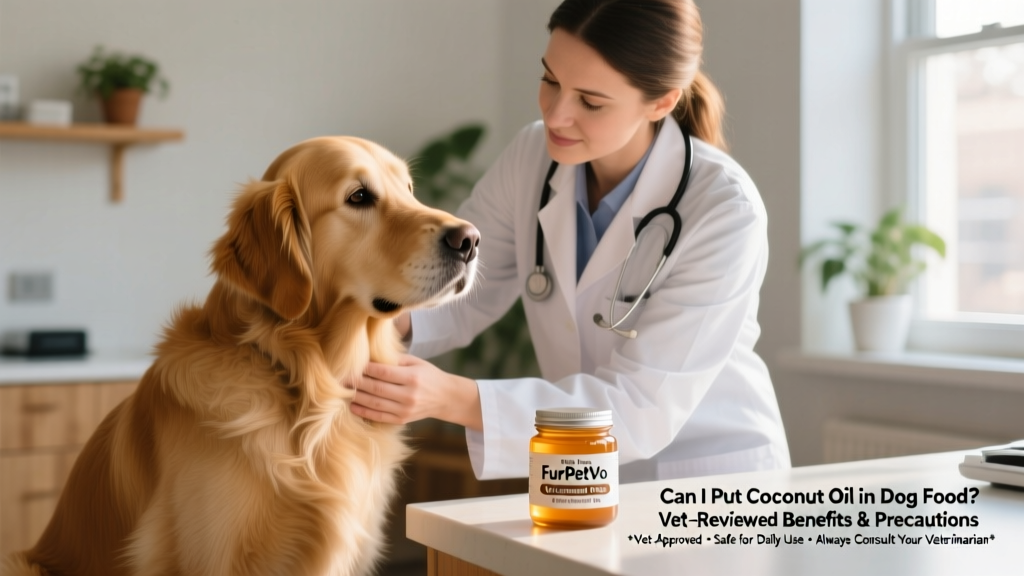 Veterinarian reviewing a dog’s skin and coat during an exam, with a small jar of FurPetVo coconut oil visible on the counter