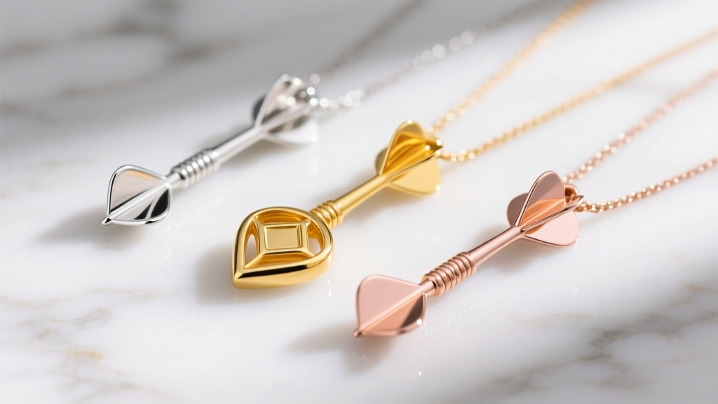 Three dart pendants in sterling silver, 14k yellow gold, and rose gold laid on white marble for size and metal tone comparison.