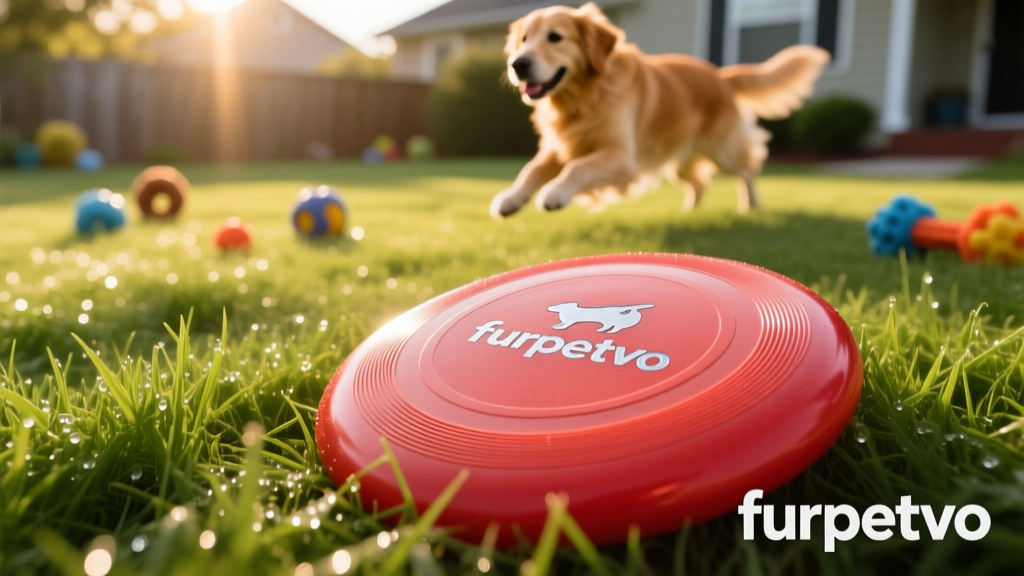 Red FurPetVo Classic Flyer disc resting on green grass, showing its flexible rubber texture and subtle logo