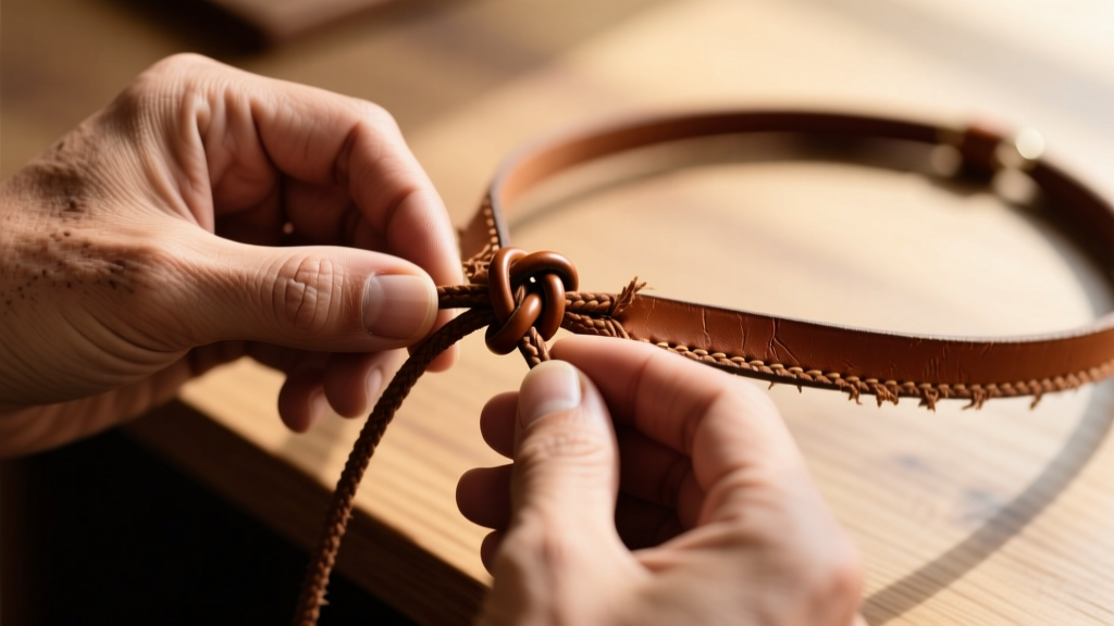 Macro shot of hands tying an adjustable sliding macrame knot on a brown leather cording necklace against a blurred wooden desk