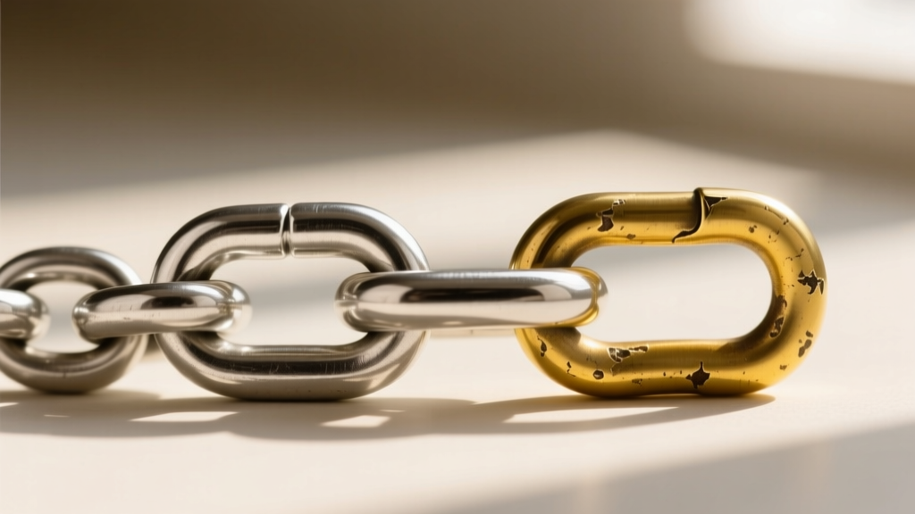 Close-up of a solid silver chain link beside a plated brass replica link, revealing edge wear and yellow base metal underneath.