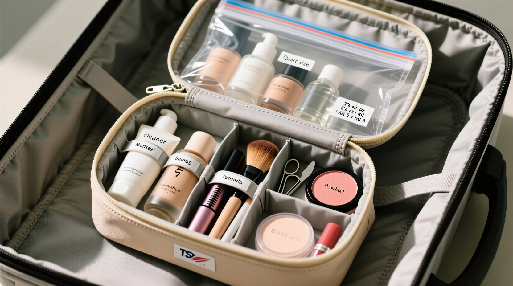 how to organize a makeup bag for travel with tsa rules in mind