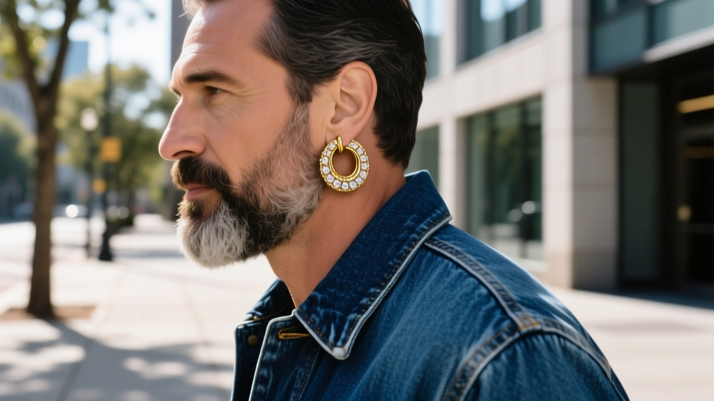 Side profile of a bearded man in a denim jacket wearing a medium 18k gold textured hoop earring with pavé diamond accents outdoors