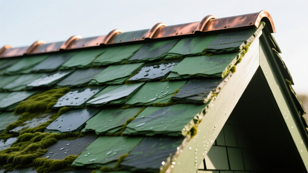 Close-up of unfading green natural slate roof material shingles overlapping with copper flashing on a steep pitch residential home exterior