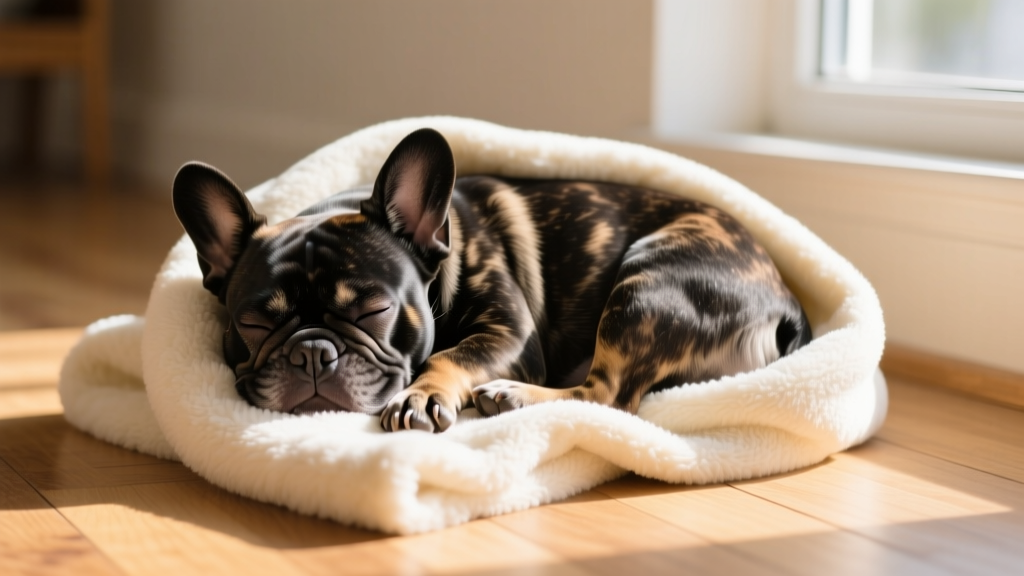 A sleepy French Bulldog curled up on a plush blanket, paws tucked under chin
