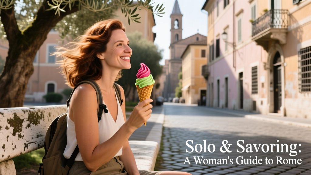 A solo woman traveler enjoying artisanal gelato on a sun-dappled Roman street, holding a cone with rich pistachio and raspberry swirl