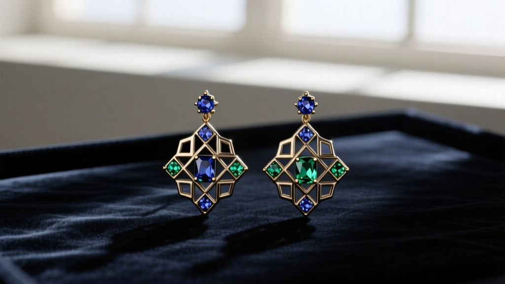 Flat lay of ornate 1930s Art Deco vintage vogue earrings with rhinestones and darkened pot metal settings resting on dark velvet