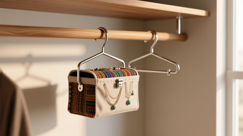 Stainless steel S-hooks attached to a solid wood closet rod, supporting a fully loaded canvas hanging jewelry box without bending
