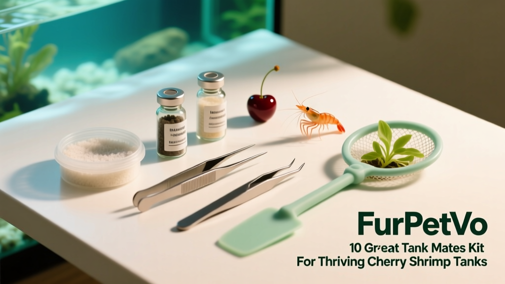 A curated FurPetVo starter kit for shrimp keepers: including filter media, mineral supplements, and planting tools arranged on a clean white surface