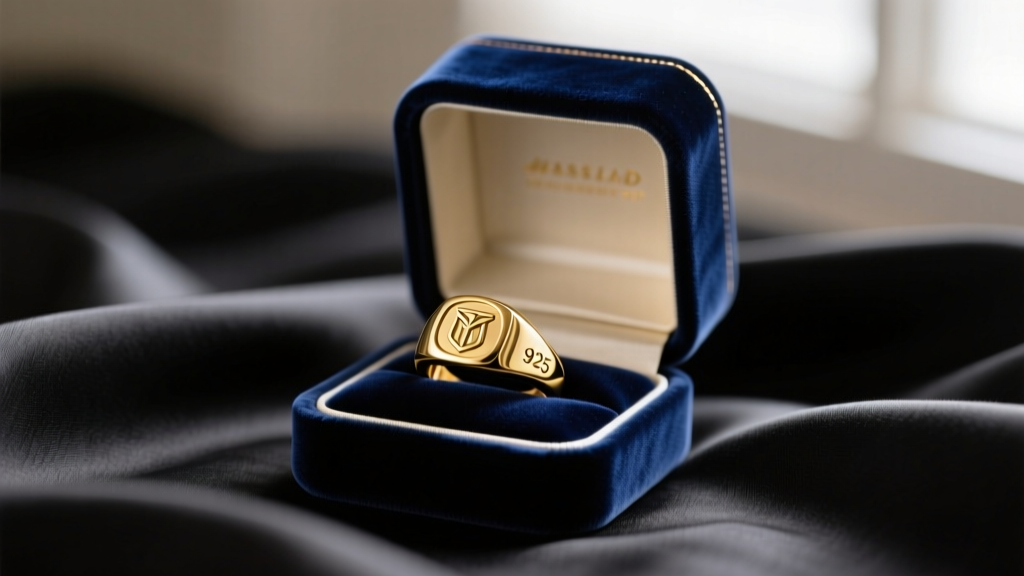 Elegant open velvet ring box revealing an 18k gold vermeil signet ring stamped 925 on the inner band, resting on dark silk fabric.