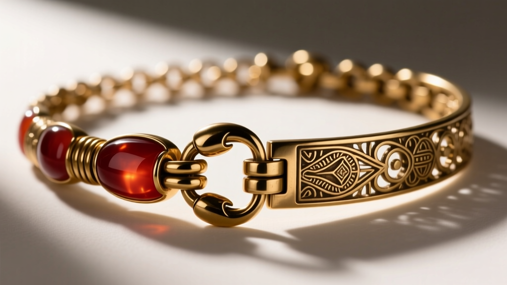 Macro shot of a heavy brass and carnelian Nefertiti necklace showing the reinforced lobster clasp and intricate metalwork backing