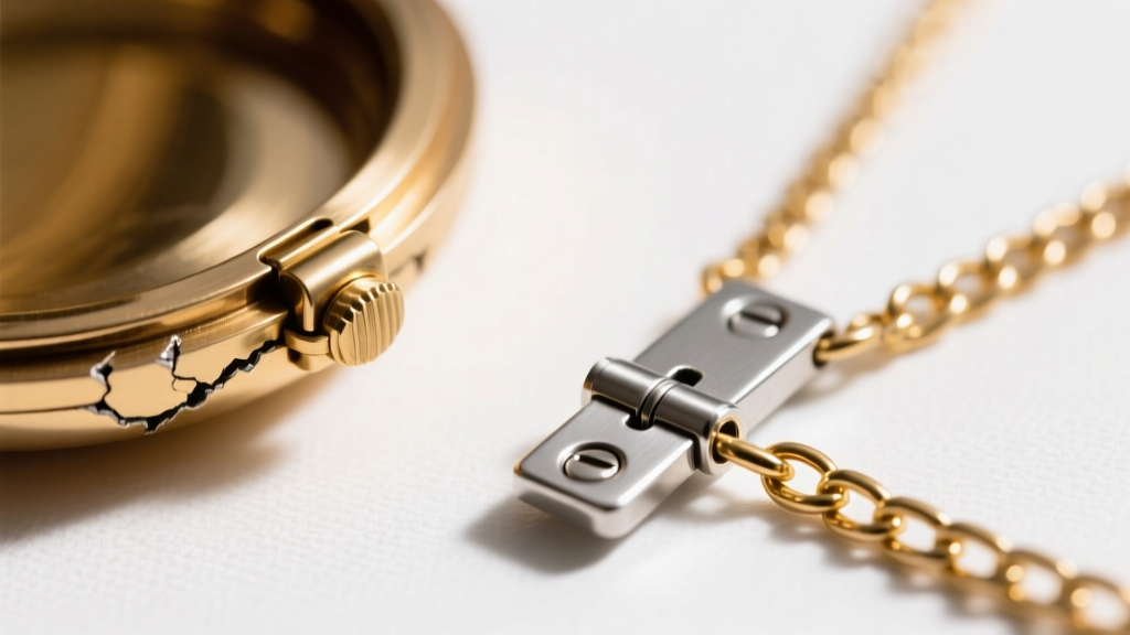 Side profile comparing a cheap glued shell locket hinge versus a soldered sterling silver hinge mechanism on a gold-filled chain.