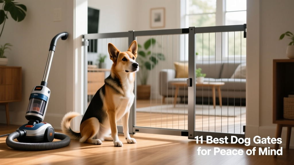 Dog sitting calmly beside a vacuum cleaner—demonstrating calm behavior enabled by consistent, secure gating