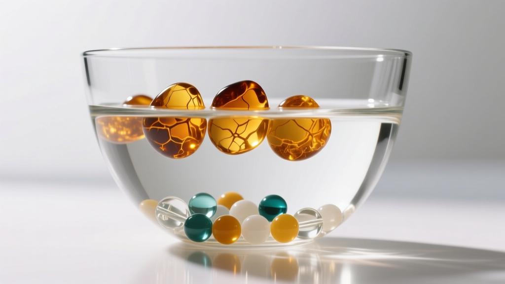 Clear glass bowl of saturated saltwater showing genuine raw amber beads floating while glass and plastic imitation beads sink down.
