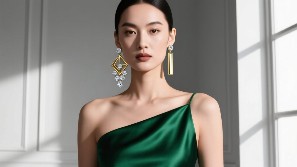 Fashion editorial portrait of a woman wearing asymmetric gold diamond hanging earrings paired with a structured silk strapless top