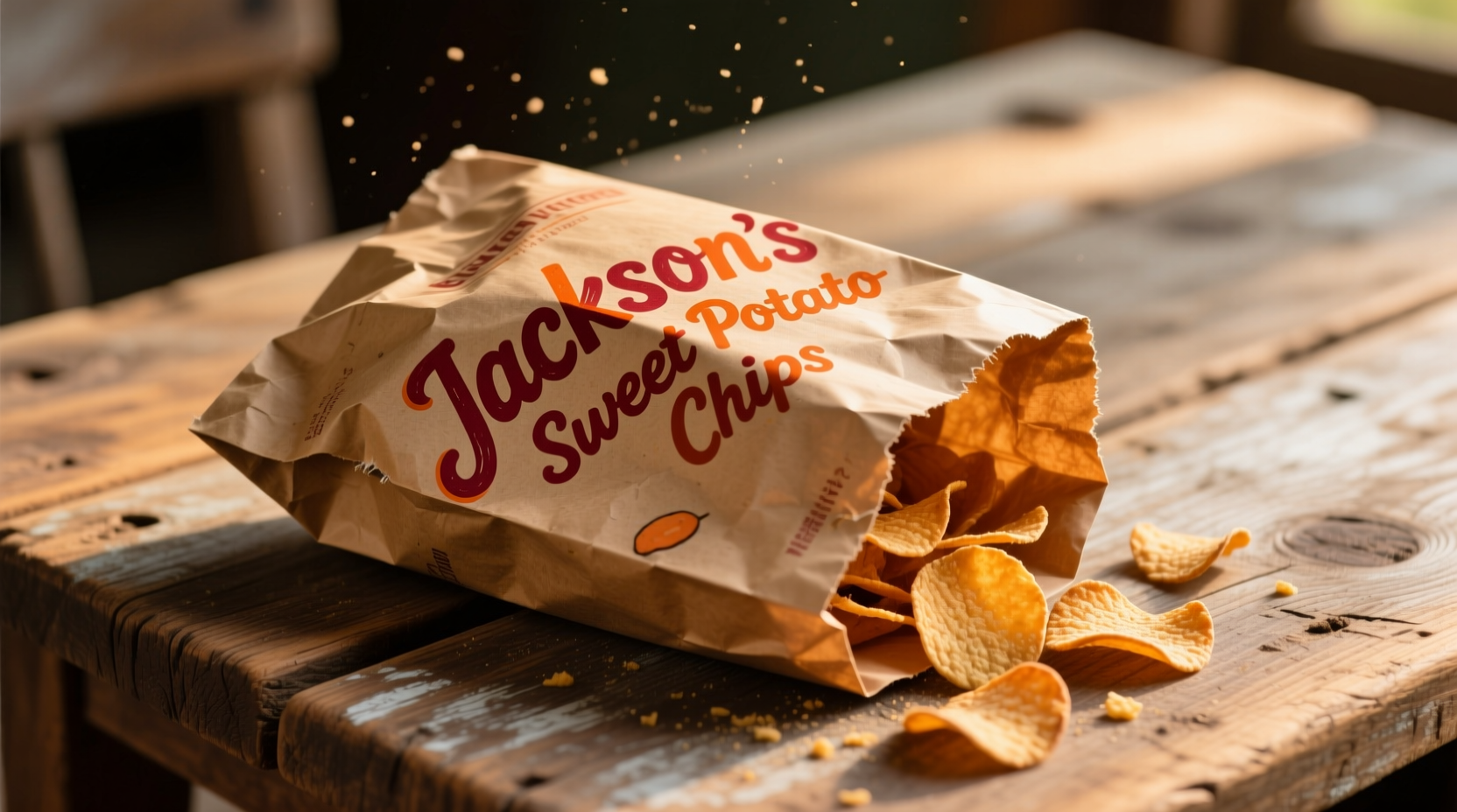 Jackson's Sweet Potato Chips bag on wooden table