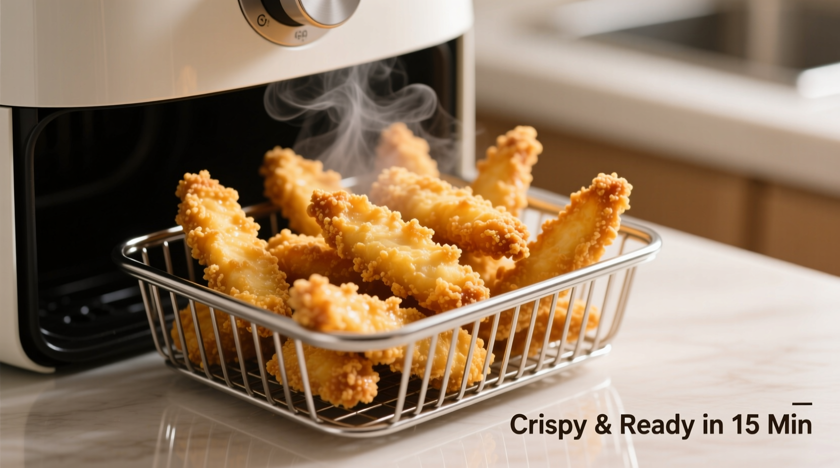 Crispy golden chicken strips in air fryer basket