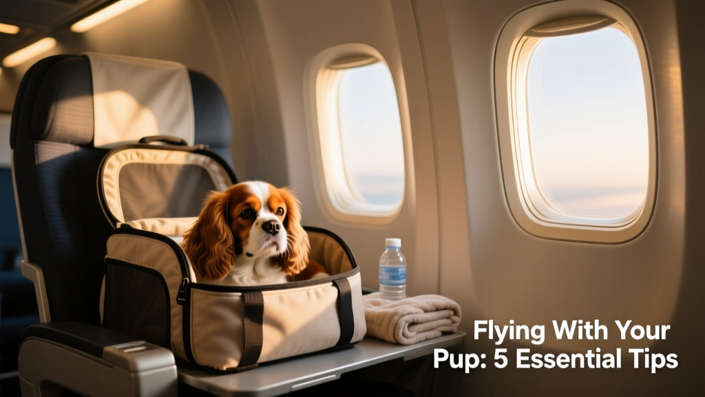 A calm King Charles Spaniel resting in a carrier onboard an airplane cabin