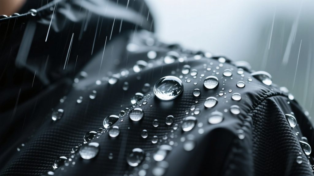 Close-up of water beading off a high-tech ePTFE membrane jacket fabric in a heavy rainstorm, highlighting advanced DWR coating performance