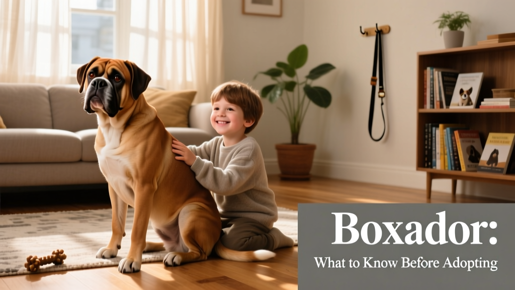 A gentle Boxador sitting beside a young child, both smiling, in a living room setting