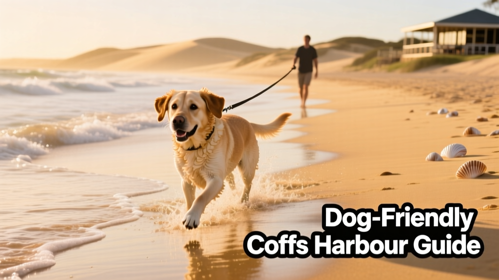 Moonee Beach in Coffs Harbour, with golden sand, gentle waves, and a dog playing near the waterline