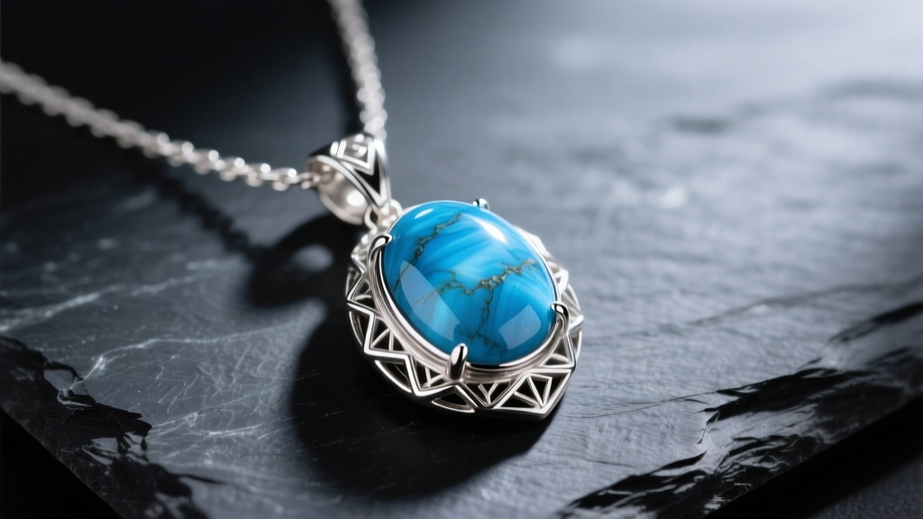 Close-up of a silver Dominican Republic necklace with a polished blue Larimar cabochon pendant resting on a dark slate surface.
