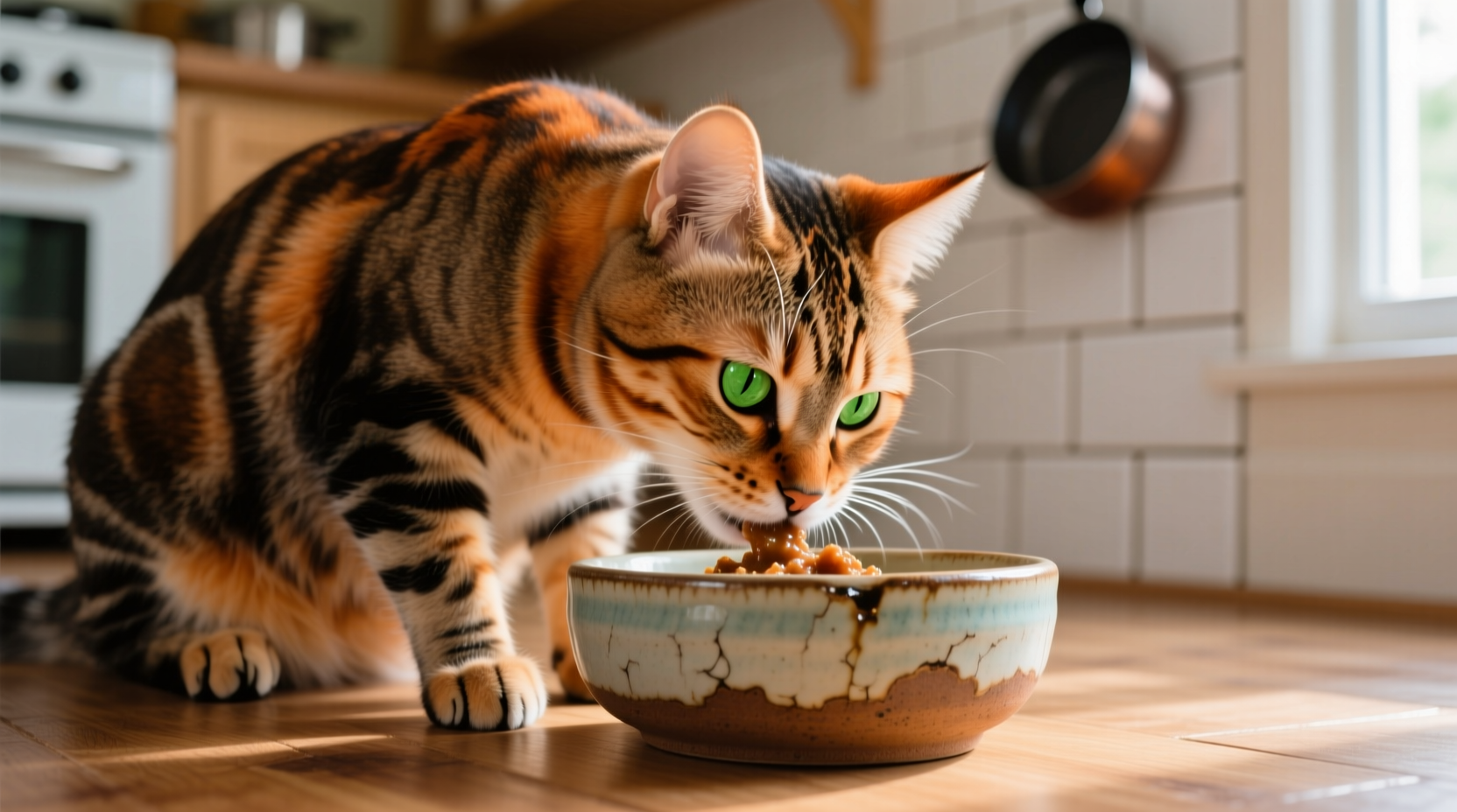 Healthy tabby cat eating wet food from ceramic bowl