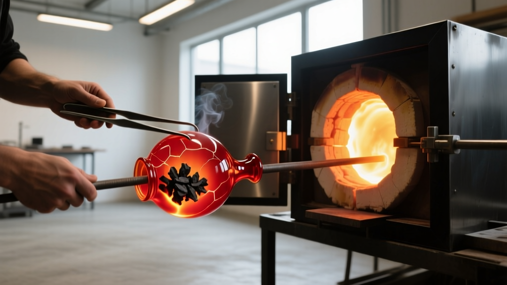 Artisan using steel tweezers to place glowing heated glass containing ashes into a professional jewelry kiln at high temperature.