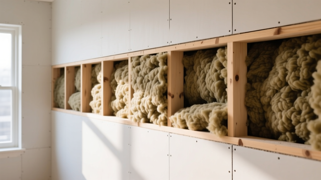 Interior wall cross-section showing dense mineral wool soundproofing insulation material packed tightly between wooden framing and drywall
