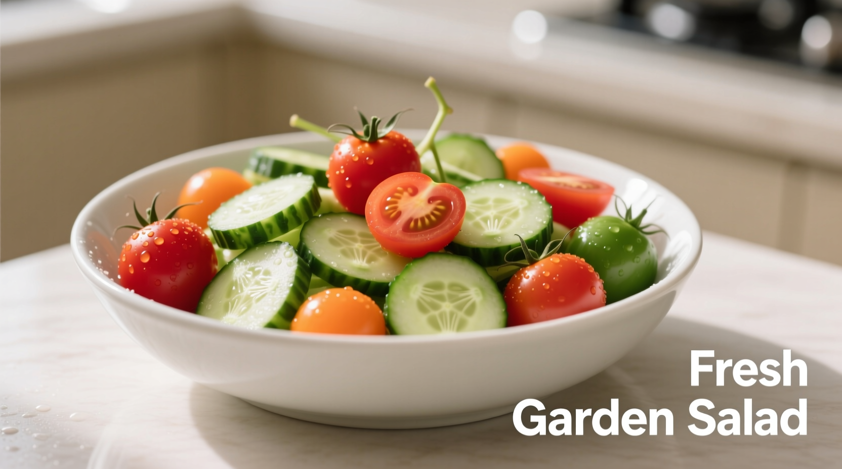 Colorful cherry tomato and cucumber salad in white bowl