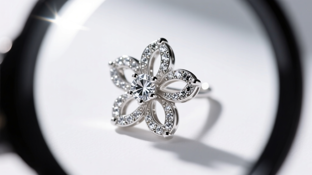 10x loupe inspecting micro-prongs on a silver cluster flower earring, revealing tiny cubic zirconia stones and detailed metalwork.
