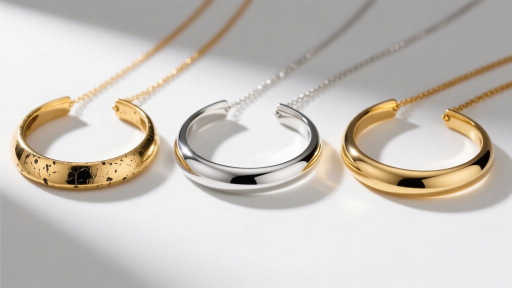 Three curved bar necklaces side-by-side showing tarnished gold plate, bright sterling silver, and 14k gold under studio lights.
