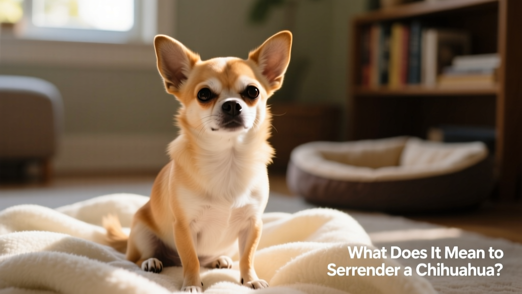 A gentle close-up of a Chihuahua looking calmly at the camera, sitting on a soft blanket