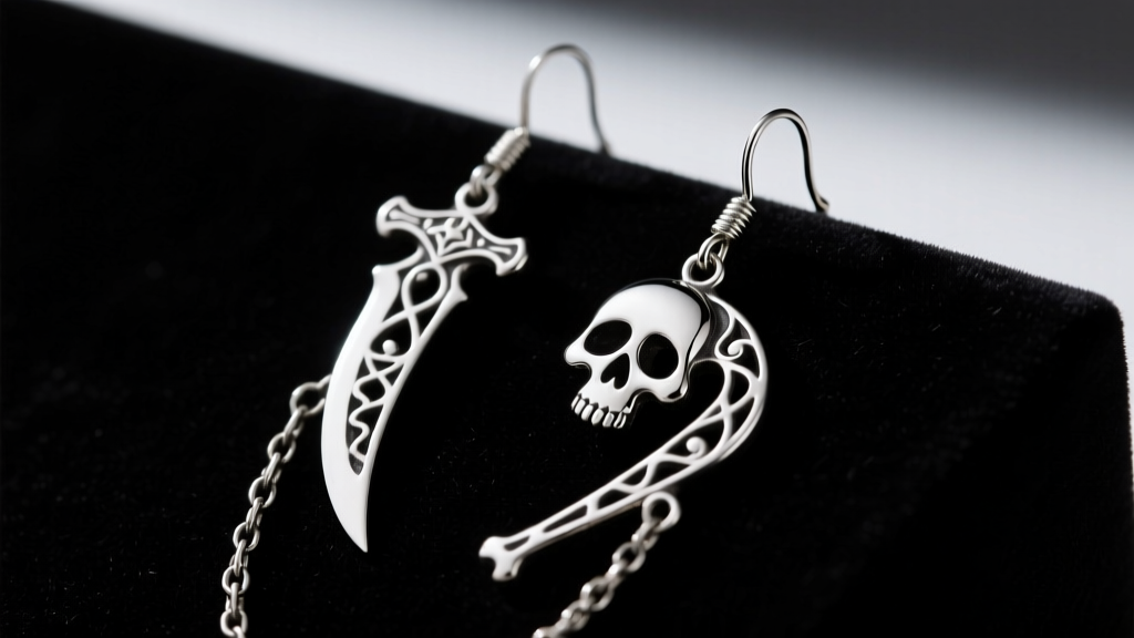 Sterling silver Death Scythe dangle earrings resting on black velvet, illuminated by moody, dramatic studio lighting.