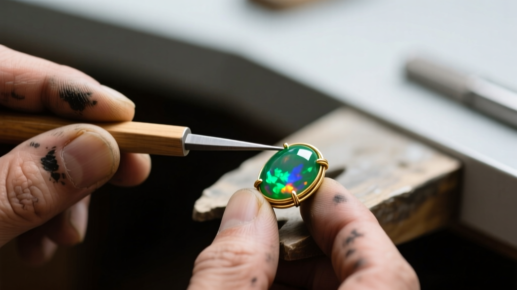 Close-up of a jeweler using a wooden pusher to secure a 22-gauge gold bezel wire around a smooth cabochon green opal gemstone.