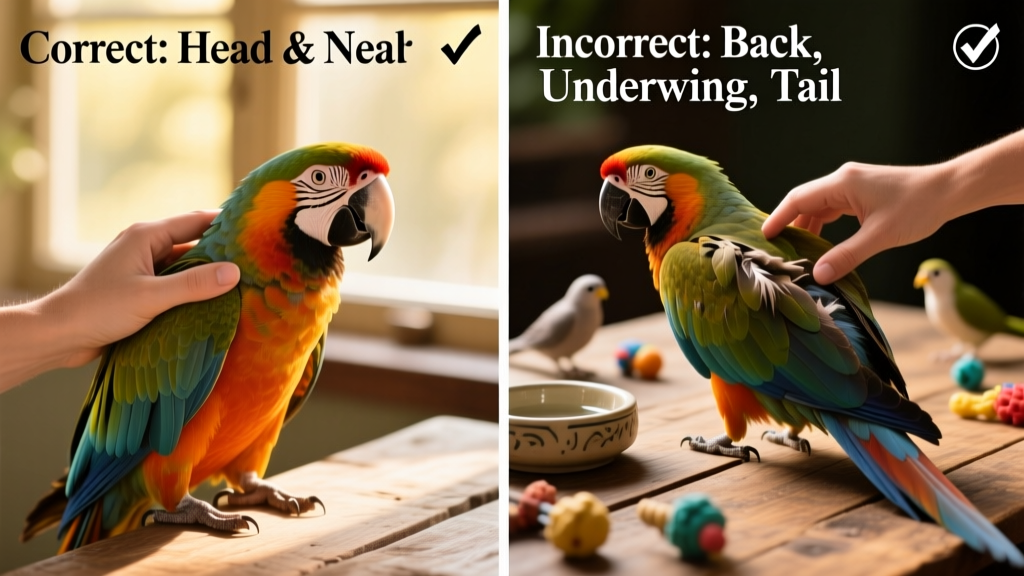 Side-by-side comparison: correct petting area (head and neck) vs. incorrect areas (back, underwing, tail) labeled clearly