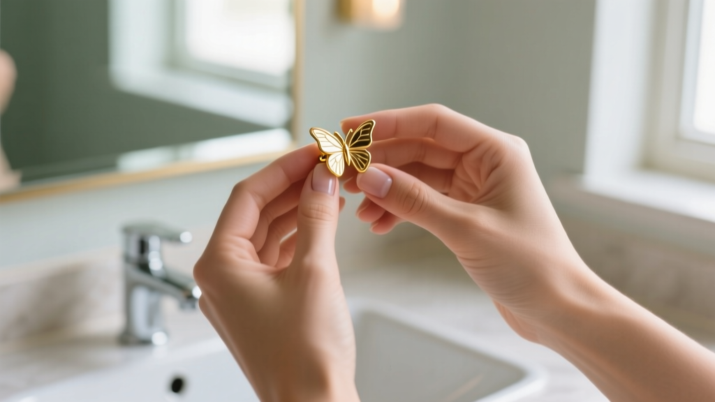 Close-up of hands gently holding a gold earring post with a butterfly friction back, softly lit against a blurred bathroom mirror.