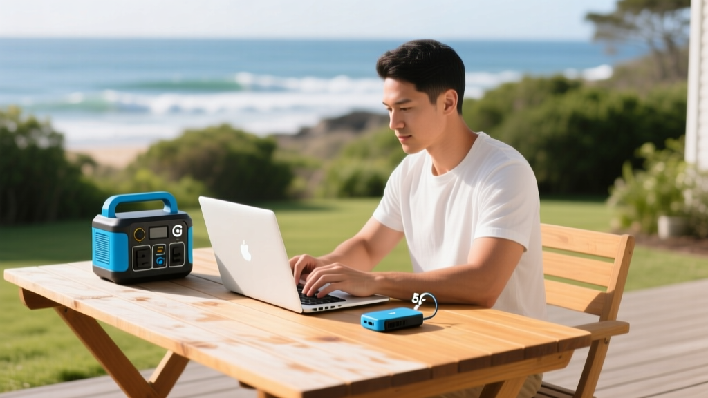 Remote worker sitting at a weather-treated wooden patio desk typing on a laptop with a portable power station and 5G hotspot visible