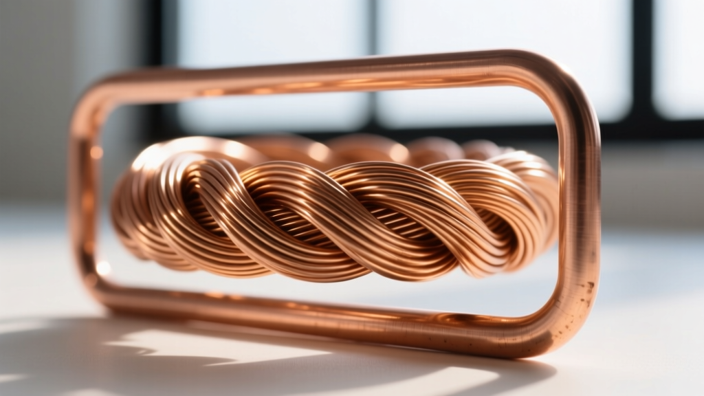 Close-up of 26-gauge dead soft copper wire woven around a 16-gauge copper frame, showing metallic texture and a tight wire wrap