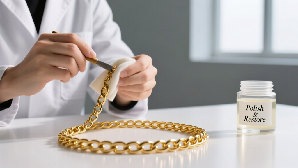 Jeweler using a soft cloth to buff a 14k yellow gold rope chain, with a small jar of jewelry cleaning solution visible nearby.