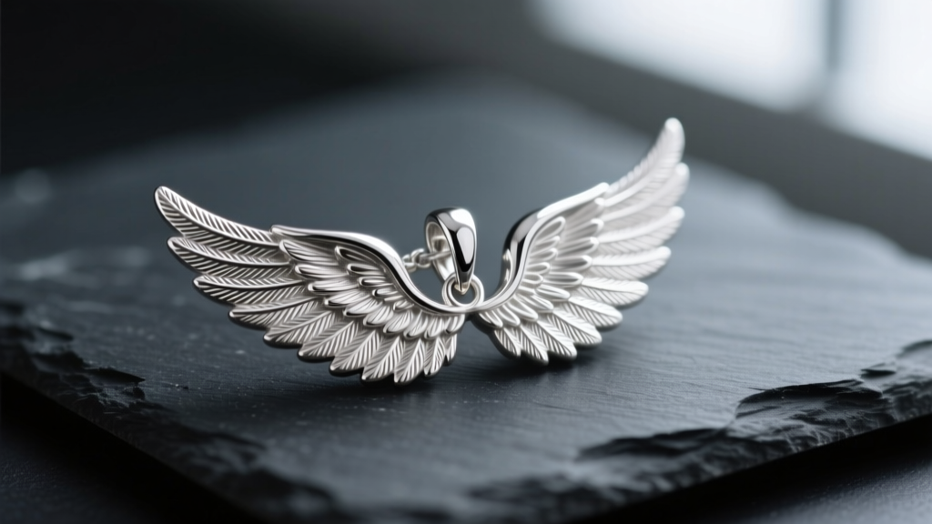Macro shot of an intricate sterling silver angel wing pendant on dark slate, highlighting detailed feather textures and high polish.