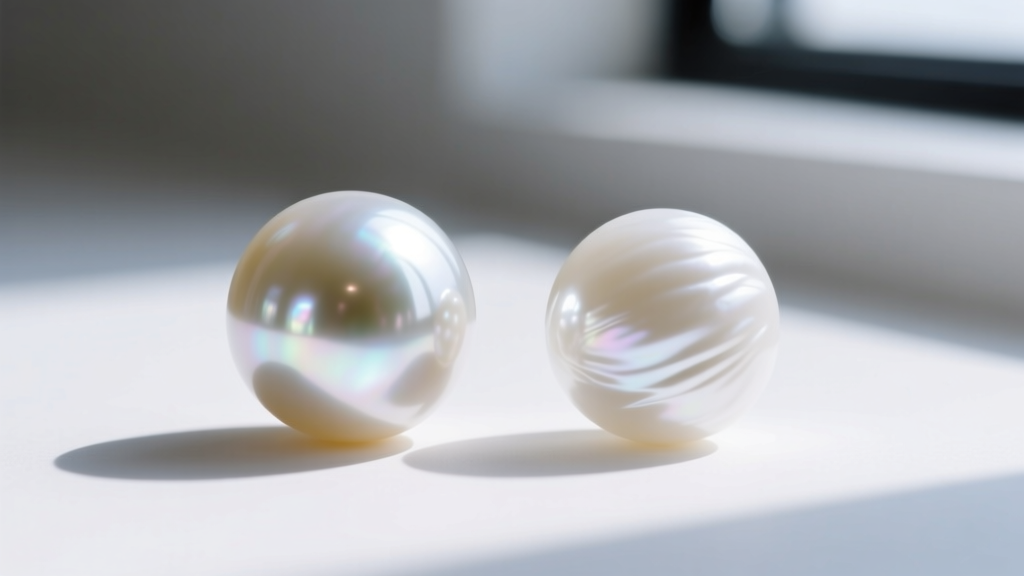 Macro shot comparing the sharp mirror-like luster of an Akoya pearl to the softer, satiny glow of a white freshwater Edison pearl