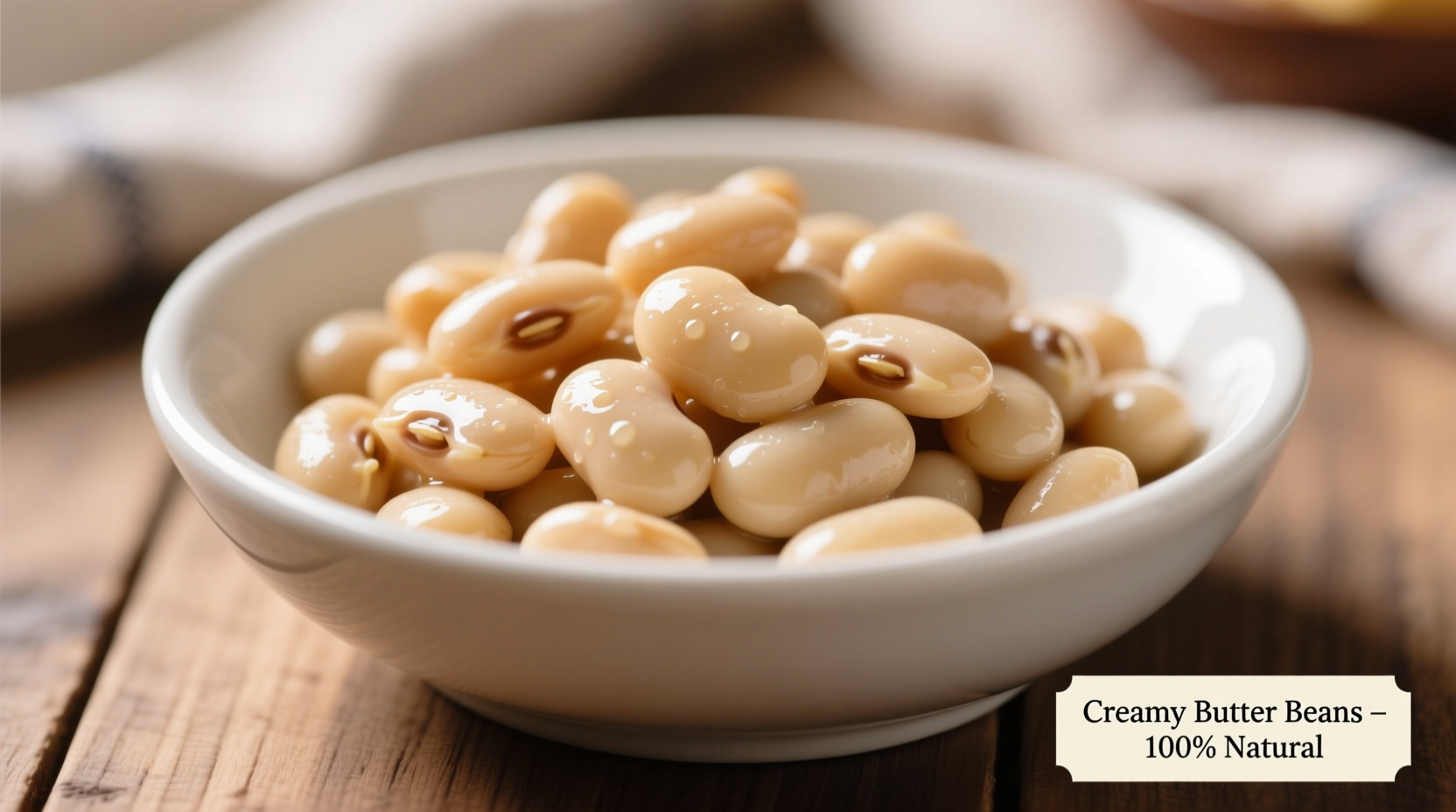 Perfectly cooked creamy butter beans in a white bowl
