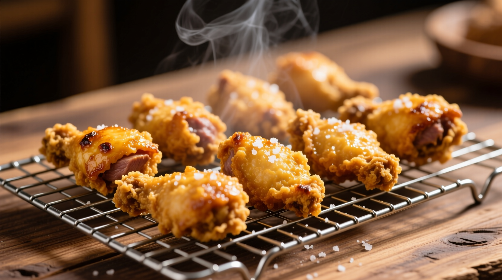 Perfectly golden fried chicken pieces on wire rack