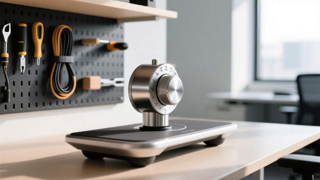 Close-up of an expert startup desk featuring a brushed aluminum focus dial, a modular under-desk pegboard, and an active standing balance board.