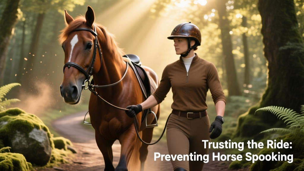 A calm horse being led confidently by a rider along a forest trail, demonstrating trust and focus