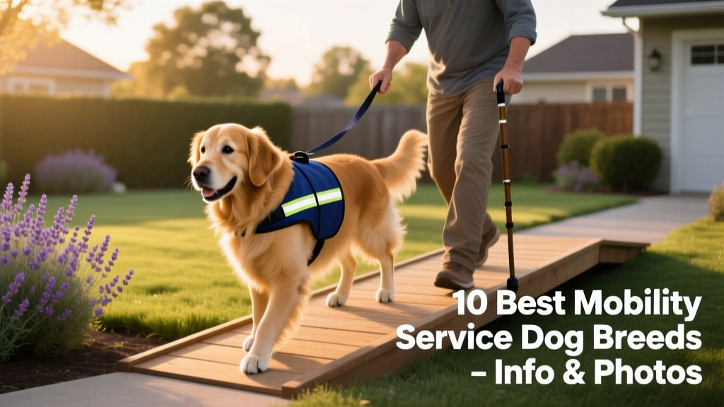 A Golden Retriever in a blue service vest gently guiding its handler up a gentle ramp outdoors