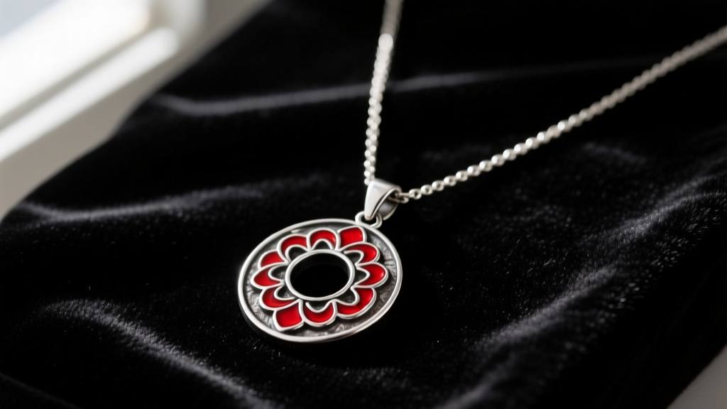 Editorial flat lay of the Conan x Olivia necklace featuring an oxidized silver pendant with crimson enamel details on dark velvet